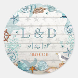 Adesivo Redondo Casamento de Praia Náutico Azul Elegante