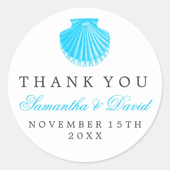 Adesivo Redondo Casamento De Praia Obrigado Scallop Shell Turquois (Frente)