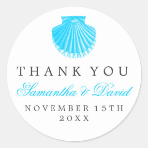Adesivo Redondo Casamento De Praia Obrigado Scallop Shell Turquois