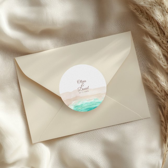 Adesivo Redondo Casamento de Praia Sandy Turquoise Watercolor (Watercolor Turquoise Sandy Beach Wedding Classic Round Sticker on a wedding envelope.)