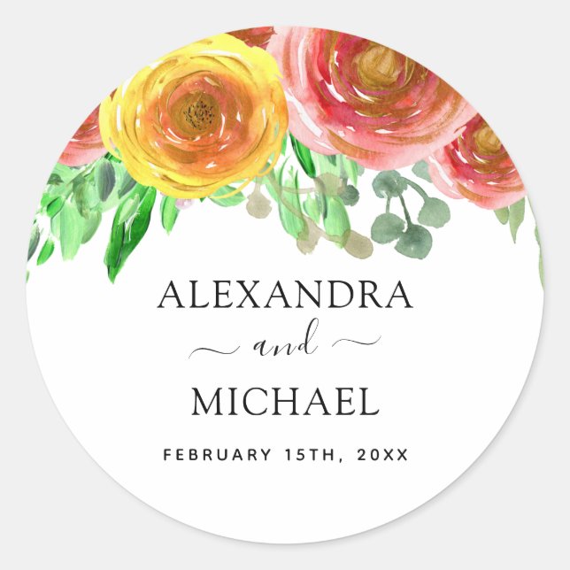 Adesivo Redondo Casamento de primavera Elegante Moderno com Aquare (Frente)