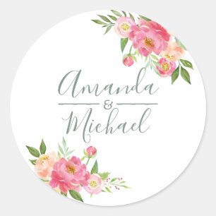Adesivo Redondo Casamento de Primavera flores de Peônia aquarela