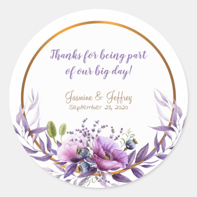 Adesivo Redondo Casamento de primavera Flores Roxo (Frente)