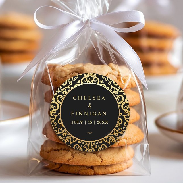 Adesivo Redondo Casamento de quadro de ouro elegante (#weddingsticker #goldfoilsticker #luxurywedding #blackandgold #favorwedding #elegantgoldframe)