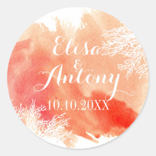Adesivo Redondo Casamento de recife de coral de aquarela moderna S