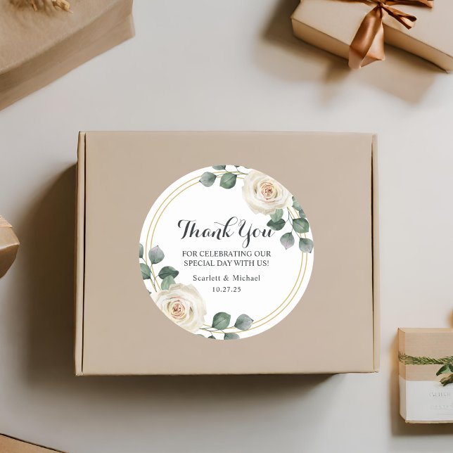 Adesivo Redondo Casamento de Rosa Branca Moderna Elegante (Criador carregado)