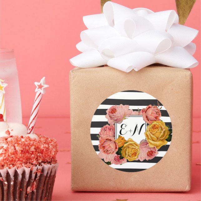 Adesivo Redondo Casamento de Rosas Amarelas Cor-de-Rosa-Rosa-Strip (Festa)