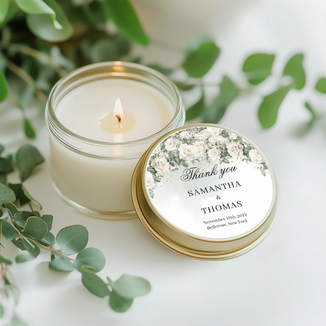 Adesivo Redondo Casamento de rosas brancas e folhagem verde (Elegant White Roses Greenery and Gold  wedding sticker)