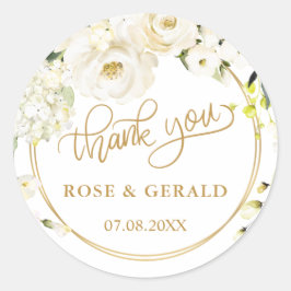Adesivo Redondo Casamento de Rosas Brancas Obrigado Clássico Vara