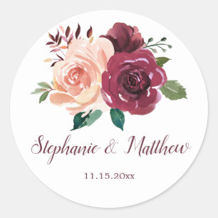 Adesivo Redondo Casamento de Rosas de Borgonha com Blush Floral