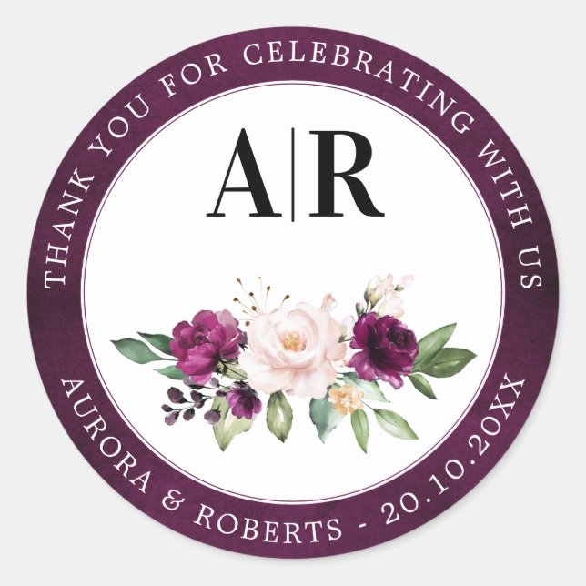 Adesivo Redondo Casamento De Rosas Rosa Pregadas Púrpura Obrigado  (Frente)