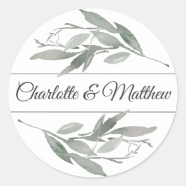 Adesivo Redondo Casamento de Sage com Folhas Botânicas Elegantes