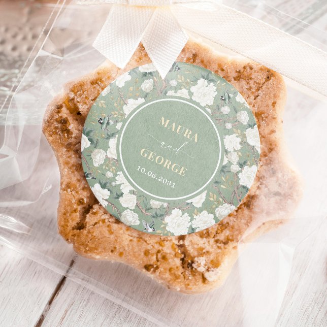 Adesivo Redondo Casamento de Sage Green Chinoiserie Floral Birds (Criador carregado)