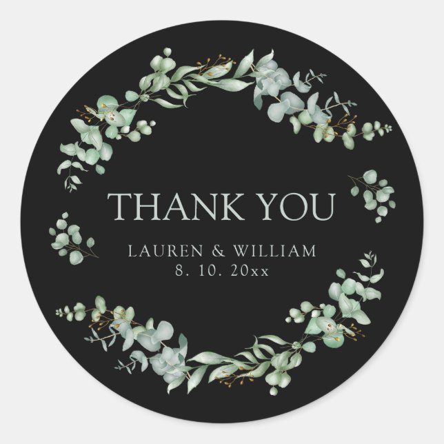 Adesivo Redondo Casamento de Sage Negra Moderna - Greenery - Obrig (Frente)