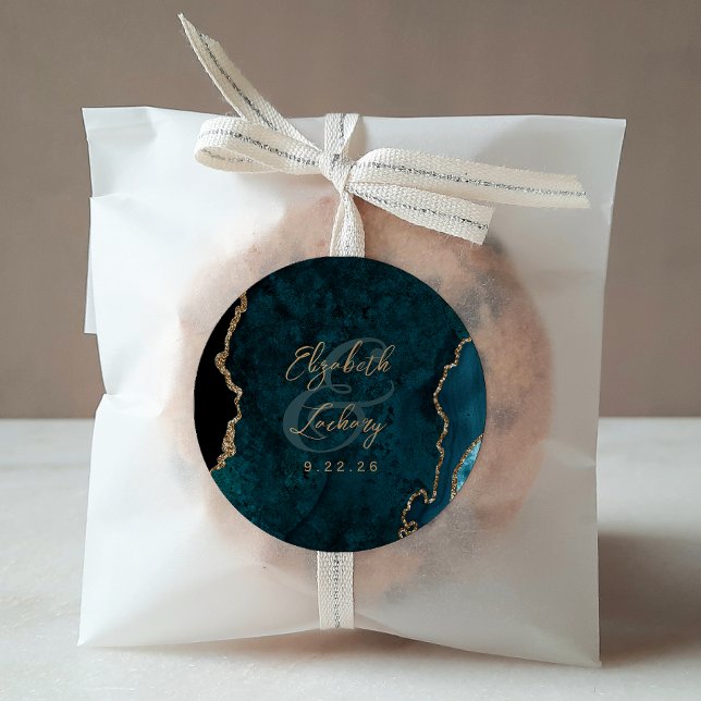 Adesivo Redondo Casamento de Script Agate Dourado Azul Teal (Criador carregado)