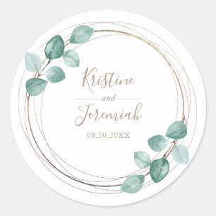 Adesivo Redondo Casamento de Script Dourado Moderno Eucalyptus Wat