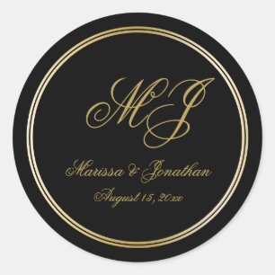 Adesivo Redondo Casamento de Script Dourado Monograma Preto Elegan