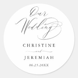 Adesivo Redondo Casamento de Script Moderno Branco Negro Simples