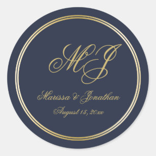 Adesivo Redondo Casamento de Script Monograma Azul Dourado Elegant