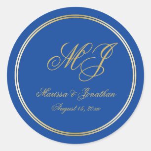 Adesivo Redondo Casamento de Script Monograma Dourado Azul Elegant