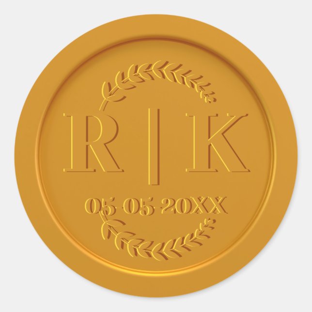 Adesivo Redondo Casamento de Selagem de Envelope Cera Dourada Mono (Frente)