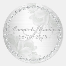 Adesivo Redondo Casamento de Silver Floral e Monograma de Diamante
