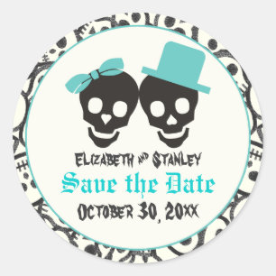 Adesivo Redondo Casamento de Skulls Halloween Turquoise Salve a Da