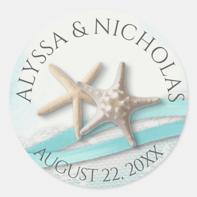 Adesivo Redondo Casamento de Starfish Ribbon e Lace Turquoise (Frente)