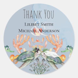 Adesivo Redondo Casamento de tartarugas marinhas com noiva e noiva