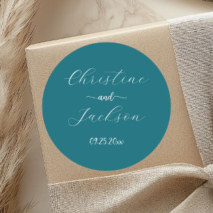 Adesivo Redondo Casamento de Teal Azul com Script Elegante
