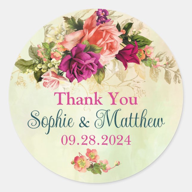 Adesivo Redondo Casamento de Teal, Rosa, Verde, Florais Dourados (Frente)