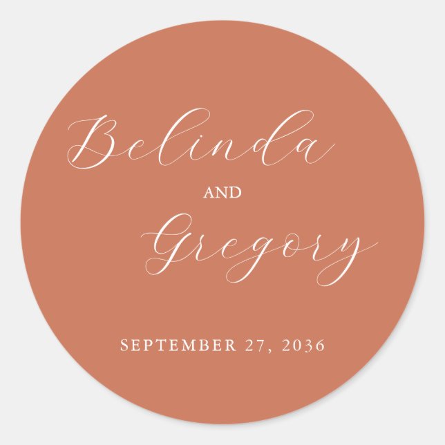 Adesivo Redondo Casamento de Terracotta Elegant Script Calliografi (Frente)