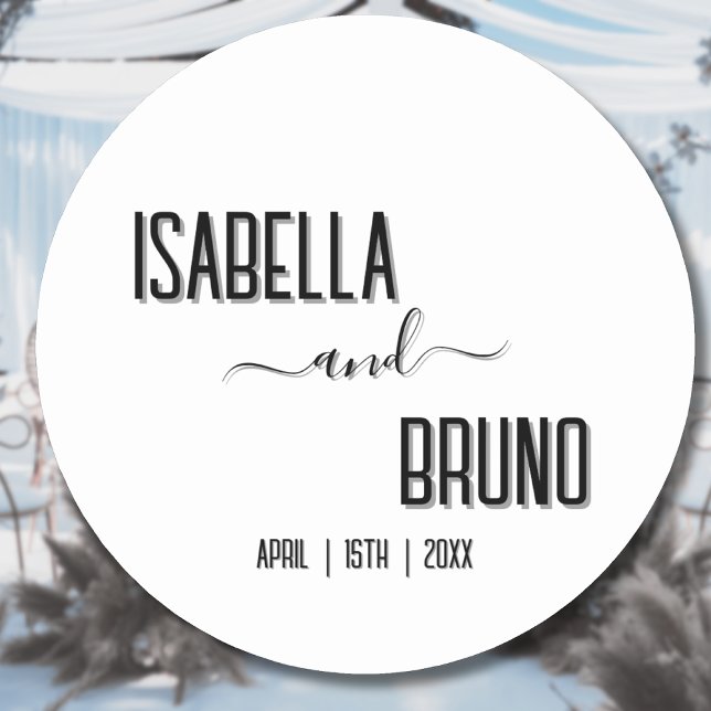 Adesivo Redondo Casamento de Texto Personalizado Preto Moderno e N (Criador carregado)