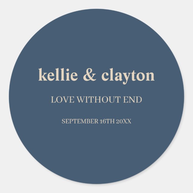 Adesivo Redondo Casamento de Tipo Moderno Azul Clássico (Frente)