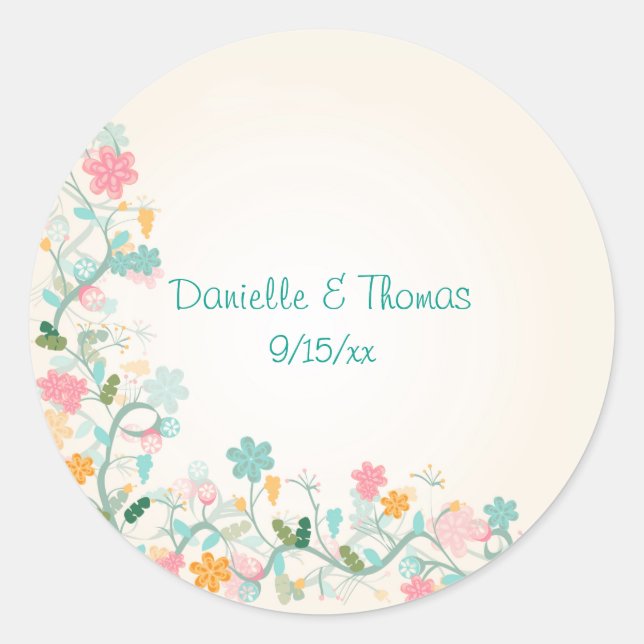 Adesivo Redondo Casamento de Turquesa Verde Cor Floral Rosa-Rosa (Frente)