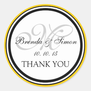 Adesivo Redondo Casamento De Um Monograma Preto Amarelo Obrigado