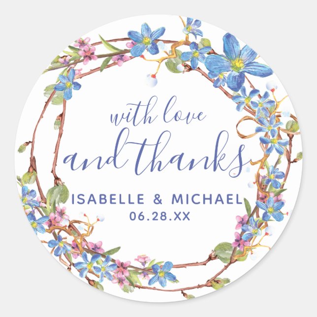 Adesivo Redondo Casamento De Uvas Russas Azuis Obrigado (Frente)