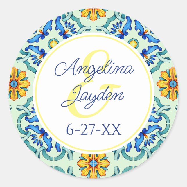 Adesivo Redondo Casamento de Verão Amarelo e Azul Azulejo do Medit (Frente)