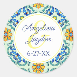 Adesivo Redondo Casamento de Verão Amarelo e Azul Azulejo do Medit