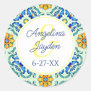 Adesivo Redondo Casamento de Verão Amarelo e Azul Azulejo do Medit