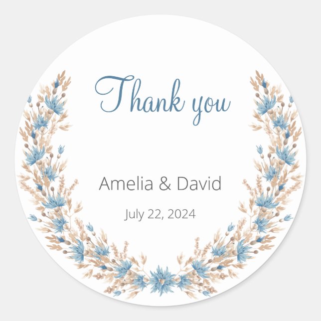 Adesivo Redondo Casamento de Verão Blue Wildflower Grass Wreath (Frente)