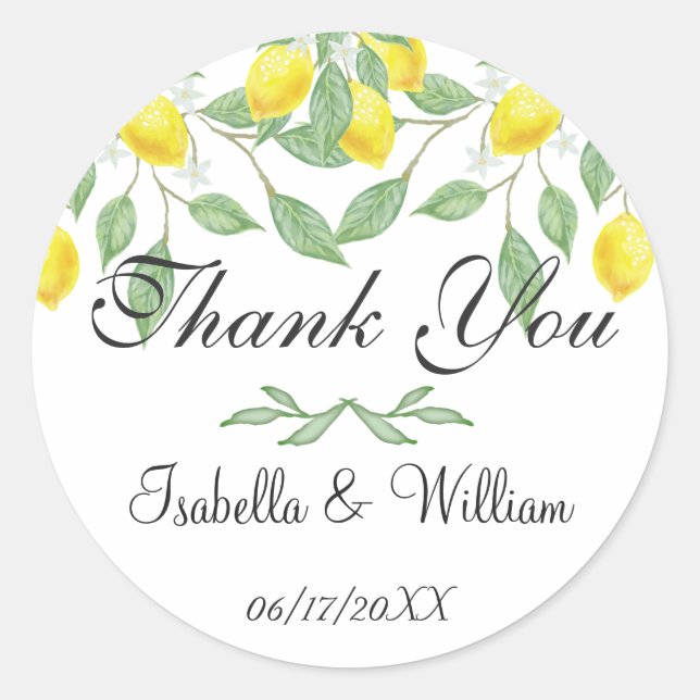 Adesivo Redondo Casamento de Verão com Lemon Moderno Obrigado (Frente)
