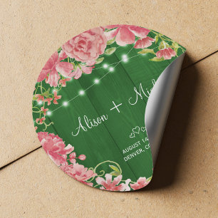 Adesivo Redondo Casamento de verão com madeira verde-floral rosa 