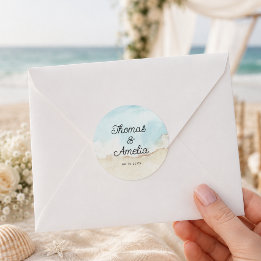 Adesivo Redondo Casamento de Verão na Praia com Aquarela