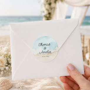 Adesivo Redondo Casamento de Verão na Praia com Aquarela