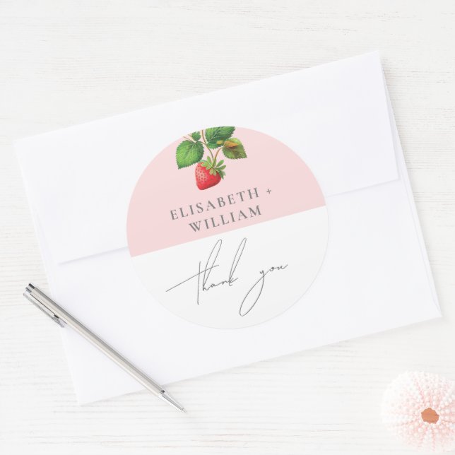 Adesivo Redondo Casamento de Verão Strawberry Personalizado Obriga (Envelope)