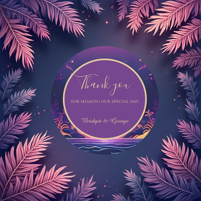 Adesivo Redondo casamento de vibe costeira roxa (Criador carregado)