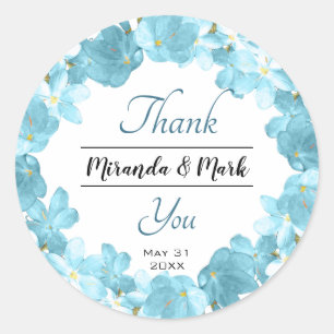 Adesivo Redondo Casamento de Watercolor Blue Floral Wreath Obrigad