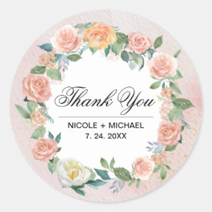 Adesivo Redondo Casamento De Watercolor Floral Wreath Obrigado