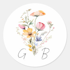 Adesivo Redondo Casamento de Watercolor Meadow Wildflower Monogram